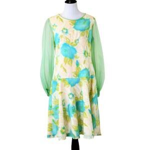Vintage 1960s Pastel Floral Printed Drop Waist Dress With Chiffon Sleeves Large